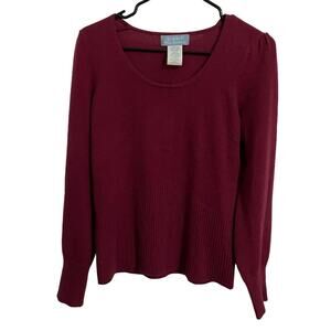 U-Knit Pure Cashmere Scoop Neck Ribbed Puff Balloon Sleeve Berry Red Sweater M